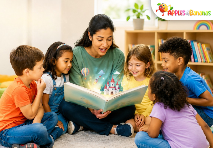 Teacher reading a storybook to preschool children in a bright classroom with letters and imagination elements floating above the book.